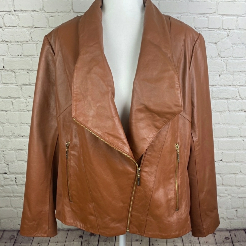 Iman leather moto jacket size XL. Rust brown.